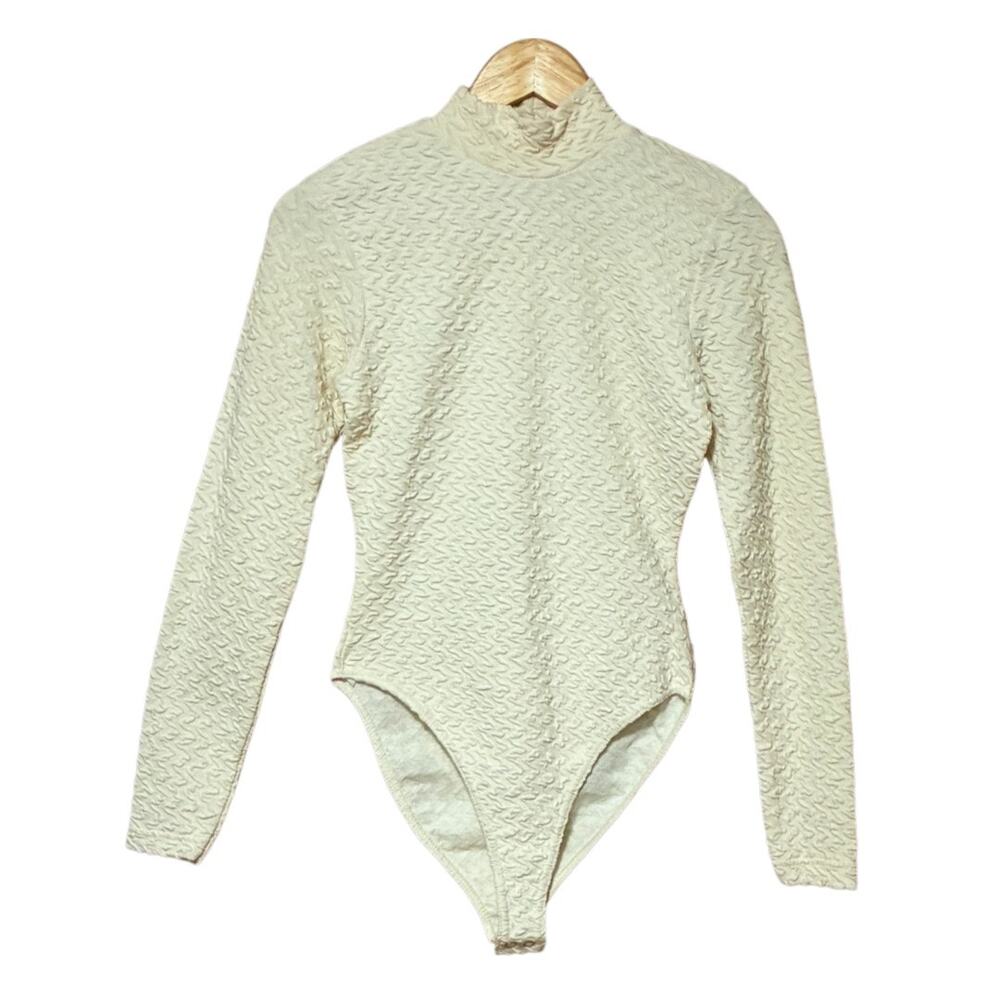 Betty Blue Cream Textured Long Sleeve High Neck Bodysuit Large Y2K